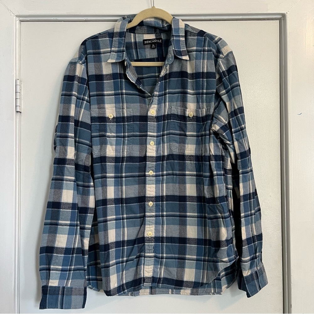 J. Crew Men's Navy and White Plaid Flannel Shirt
